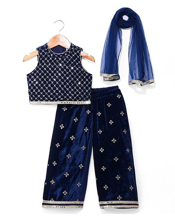 Babyhug Woven Sleeveless Top Palazzo & Dupatta Set with Sequin Embroidery - Navy Blue
