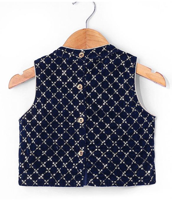 Babyhug Woven Sleeveless Top Palazzo & Dupatta Set with Sequin Embroidery - Navy Blue