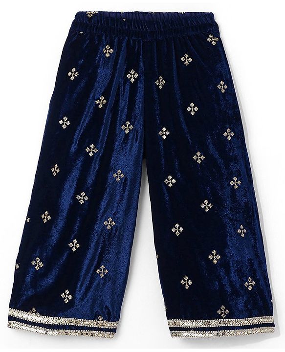 Babyhug Woven Sleeveless Top Palazzo & Dupatta Set with Sequin Embroidery - Navy Blue