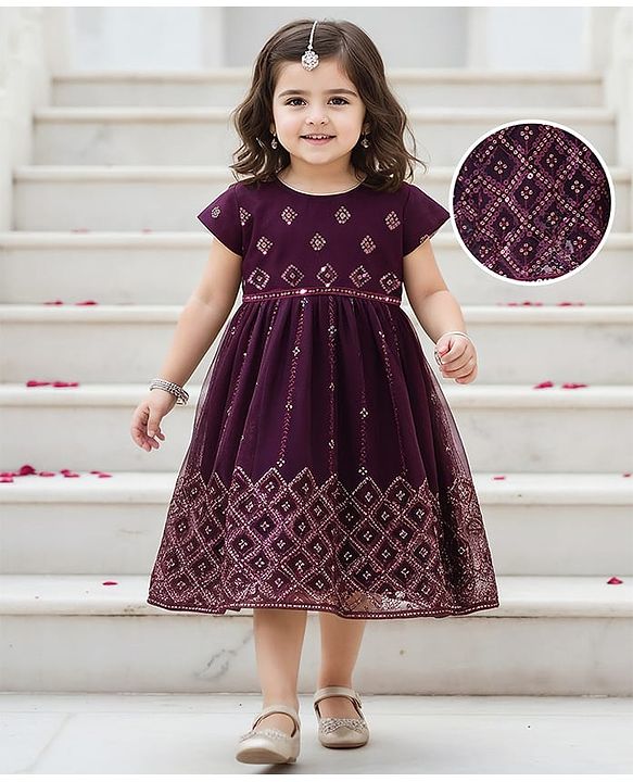 Babyhug Woven Cap Sleeves Sequin Embroidered Ethnic Dress - Magenta