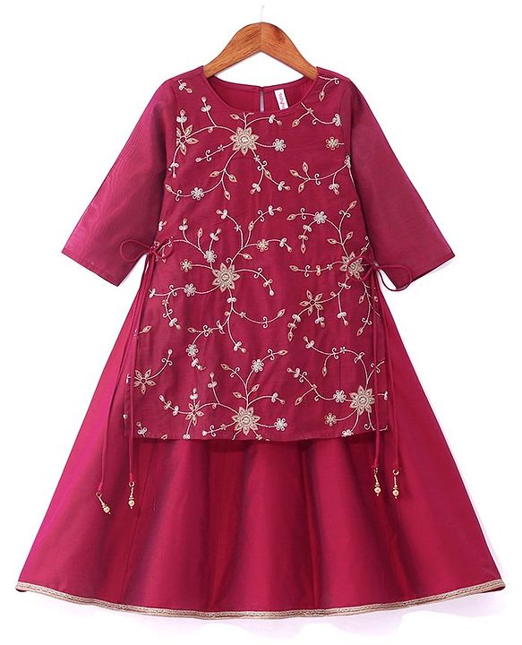 Babyhug Woven Full Sleeves Floral Embroidered Ethnic Dress - Fuschia