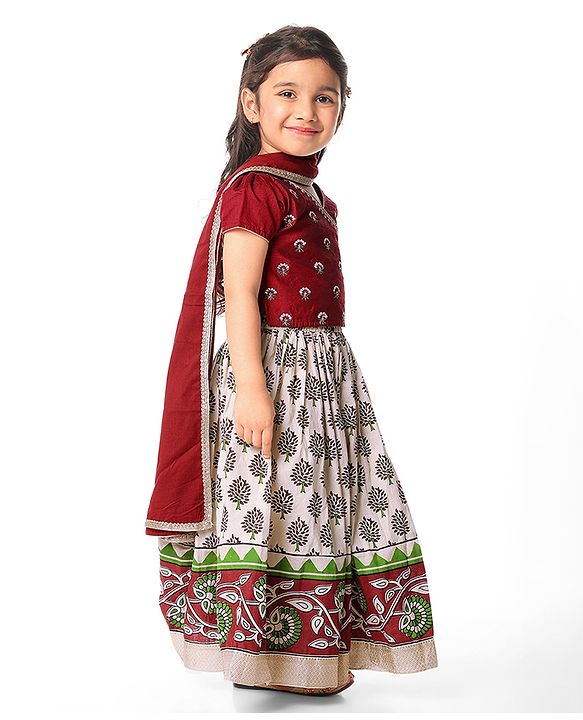 Babyhug Short Sleeve Angarakha Embroide Choli with Printed Lehenga & Dupatta Set- Maroon & White