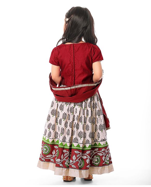Babyhug Short Sleeve Angarakha Embroide Choli with Printed Lehenga & Dupatta Set- Maroon & White