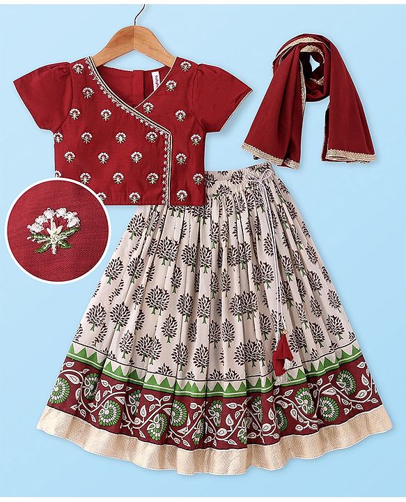 Babyhug Short Sleeve Angarakha Embroide Choli with Printed Lehenga & Dupatta Set- Maroon & White