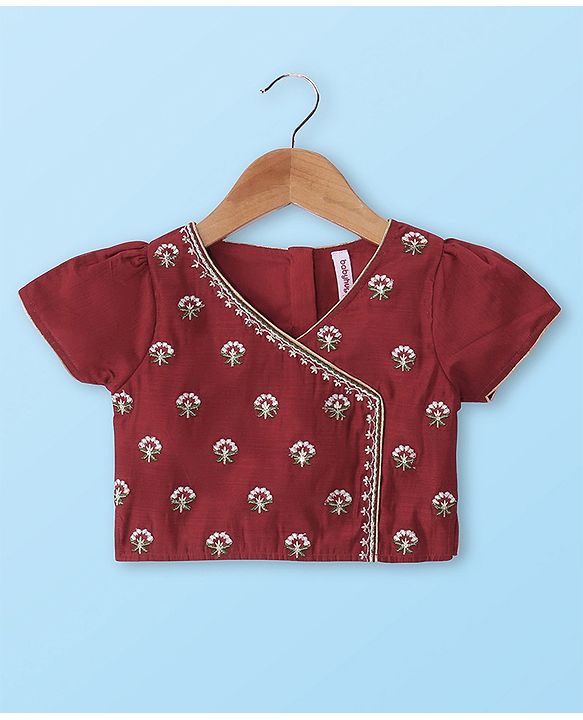 Babyhug Short Sleeve Angarakha Embroide Choli with Printed Lehenga & Dupatta Set- Maroon & White