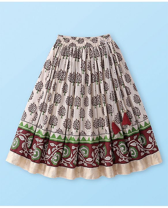 Babyhug Short Sleeve Angarakha Embroide Choli with Printed Lehenga & Dupatta Set- Maroon & White