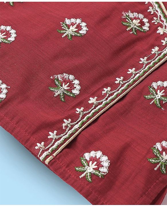 Babyhug Short Sleeve Angarakha Embroide Choli with Printed Lehenga & Dupatta Set- Maroon & White