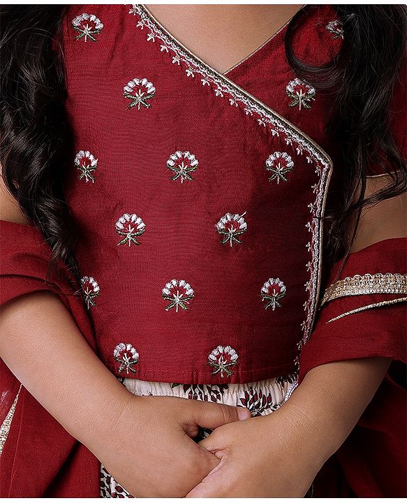 Babyhug Short Sleeve Angarakha Embroide Choli with Printed Lehenga & Dupatta Set- Maroon & White