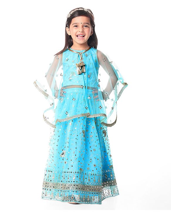Babyhug Woven Sequin Embroidered Choli Lehenga Set with Half Sleeves Poncho - Sky Blue