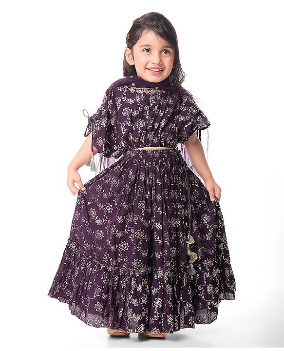 Babyhug Woven Half Sleeves Floral Printed Choli Lehenga Set with Dupatta - Purple