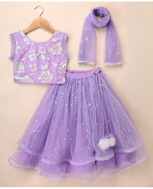 Babyhug Net  Woven Frill Sleeves  Sequinned Floral Embroidered Choli Lehenga Set with  Dupatta - Purple