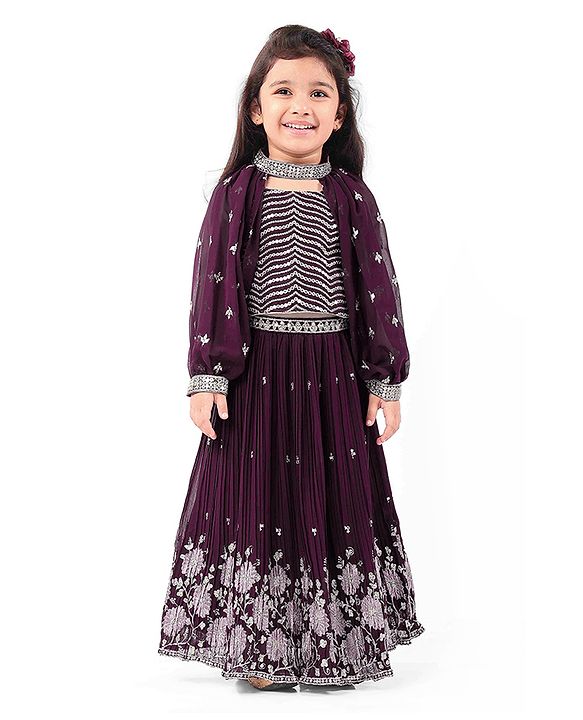 Babyhug Crepe Silk Pleated Sequinned Embroidered Choli & Lehenga Set with Detachable Full Sleeves - Wine