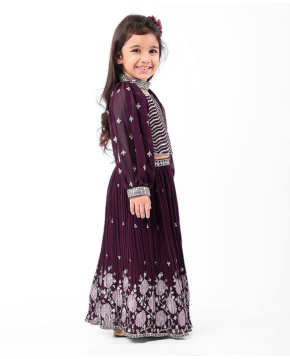 Babyhug Crepe Silk Pleated Sequinned Embroidered Choli & Lehenga Set with Detachable Full Sleeves - Wine
