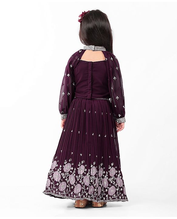 Babyhug Crepe Silk Pleated Sequinned Embroidered Choli & Lehenga Set with Detachable Full Sleeves - Wine