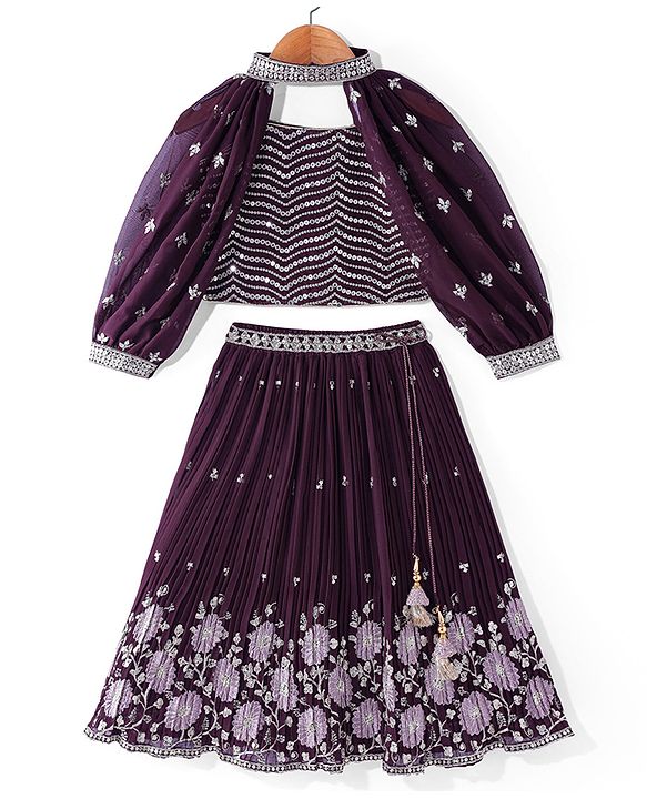 Babyhug Crepe Silk Pleated Sequinned Embroidered Choli & Lehenga Set with Detachable Full Sleeves - Wine