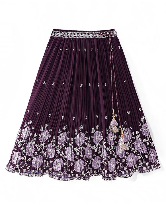 Babyhug Crepe Silk Pleated Sequinned Embroidered Choli & Lehenga Set with Detachable Full Sleeves - Wine