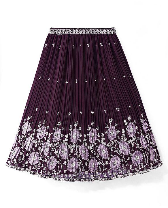 Babyhug Crepe Silk Pleated Sequinned Embroidered Choli & Lehenga Set with Detachable Full Sleeves - Wine