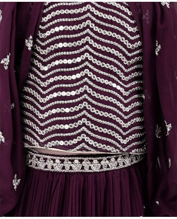 Babyhug Crepe Silk Pleated Sequinned Embroidered Choli & Lehenga Set with Detachable Full Sleeves - Wine