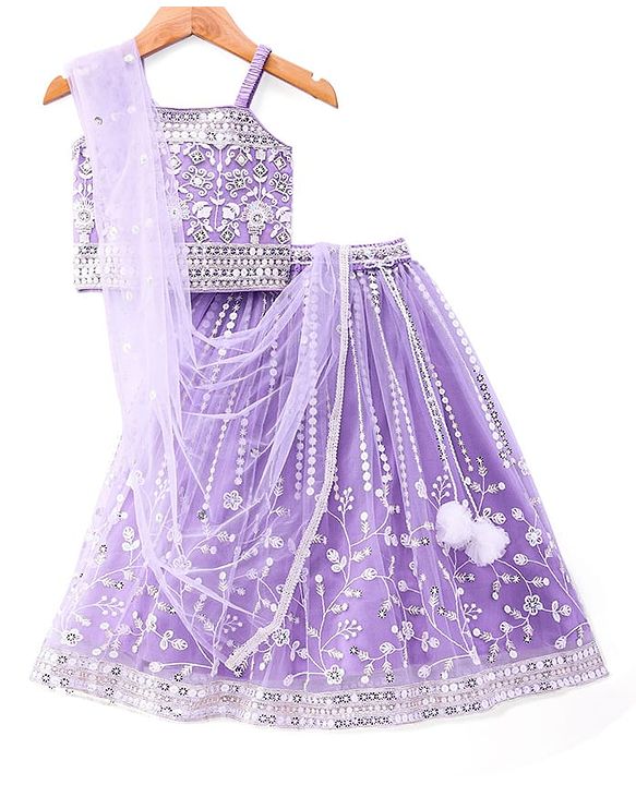 Babyhug Net Woven Sleeveless Singlet Sleeves Sequinned Floral Embroidered Lehenga Choli & Dupatta Set- Lilac