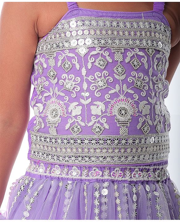 Babyhug Net Woven Sleeveless Singlet Sleeves Sequinned Floral Embroidered Lehenga Choli & Dupatta Set- Lilac