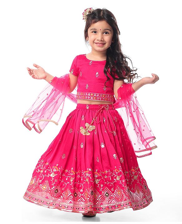 Babyhug Woven Short Sleeves Sequin Embroidered Choli With Lehenga & Dupatta Set Tassle Detailing - Dark Pink
