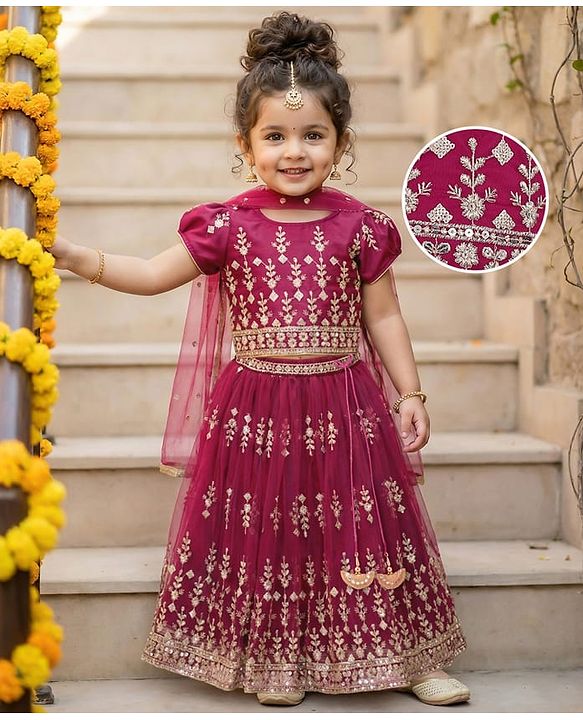 Babyhug Woven Half Sleeves Sequin Embroidered Choli Lehenga Set with Dupatta - Wine
