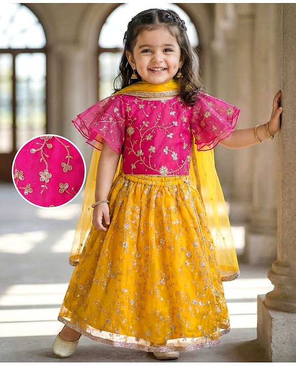 Babyhug Woven Flutter Sleeves Floral Net Embroidered Choli Lehenga & Dupatta Set - Yellow & Pink