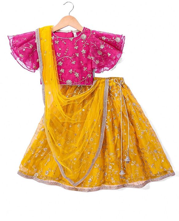 Babyhug Woven Flutter Sleeves Floral Net Embroidered Choli Lehenga & Dupatta Set - Yellow & Pink