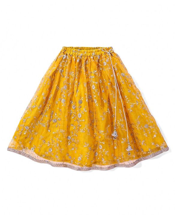 Babyhug Woven Flutter Sleeves Floral Net Embroidered Choli Lehenga & Dupatta Set - Yellow & Pink