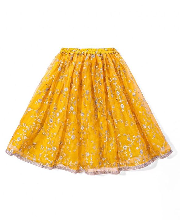 Babyhug Woven Flutter Sleeves Floral Net Embroidered Choli Lehenga & Dupatta Set - Yellow & Pink