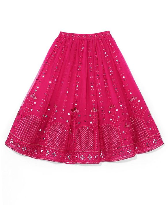 Babyhug Woven Flutter Sleeves Sequin Embroidered Choli Lehenga & Dupatta Set with Tassle Detailing - Fuschia