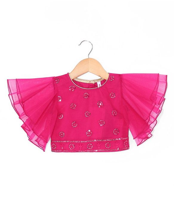 Babyhug Woven Flutter Sleeves Sequin Embroidered Choli Lehenga & Dupatta Set with Tassle Detailing - Fuschia