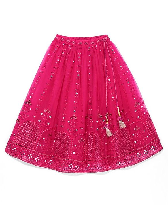 Babyhug Woven Flutter Sleeves Sequin Embroidered Choli Lehenga & Dupatta Set with Tassle Detailing - Fuschia