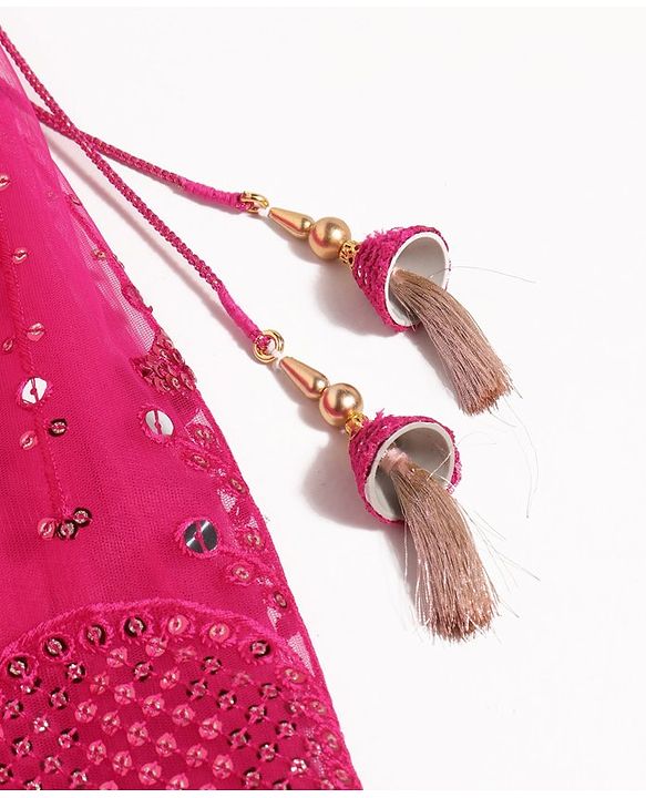 Babyhug Woven Flutter Sleeves Sequin Embroidered Choli Lehenga & Dupatta Set with Tassle Detailing - Fuschia