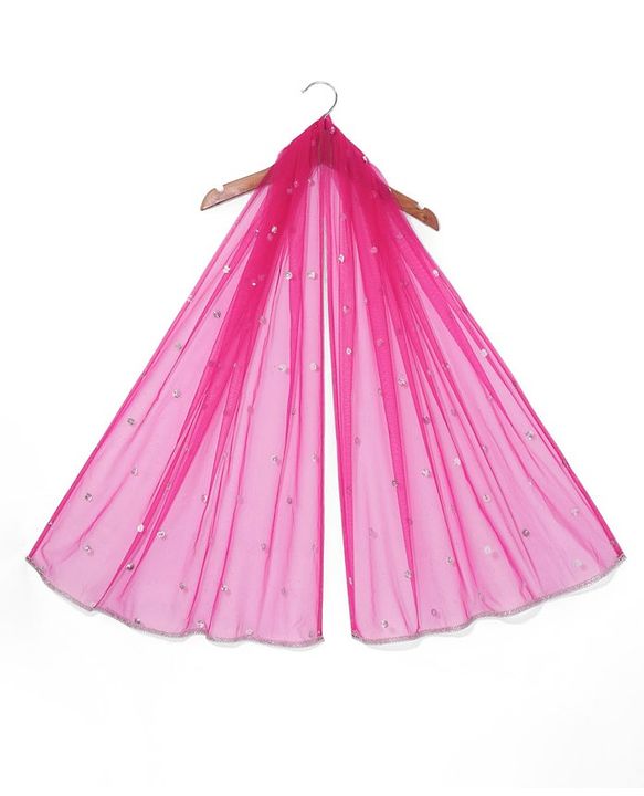 Babyhug Woven Flutter Sleeves Sequin Embroidered Choli Lehenga & Dupatta Set with Tassle Detailing - Fuschia