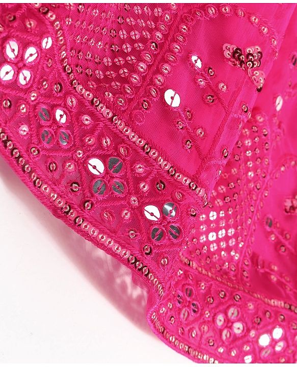 Babyhug Woven Flutter Sleeves Sequin Embroidered Choli Lehenga & Dupatta Set with Tassle Detailing - Fuschia