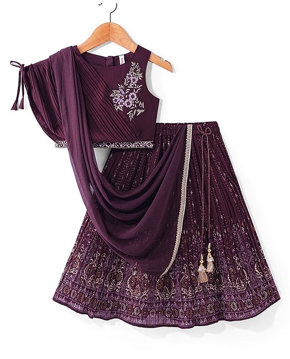 Babyhug Sleeveless Floral Embroidered Choli with Foil Printed Lehenga & Dupatta Set- Wine