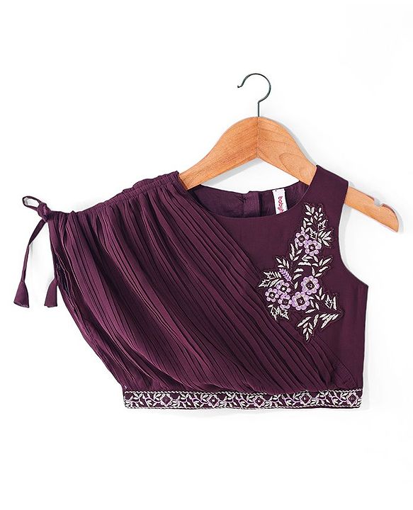 Babyhug Sleeveless Floral Embroidered Choli with Foil Printed Lehenga & Dupatta Set- Wine