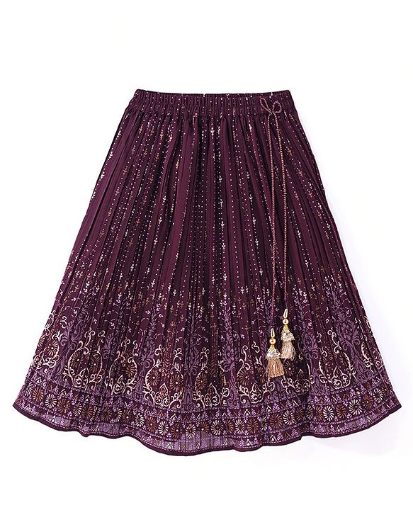 Babyhug Sleeveless Floral Embroidered Choli with Foil Printed Lehenga & Dupatta Set- Wine