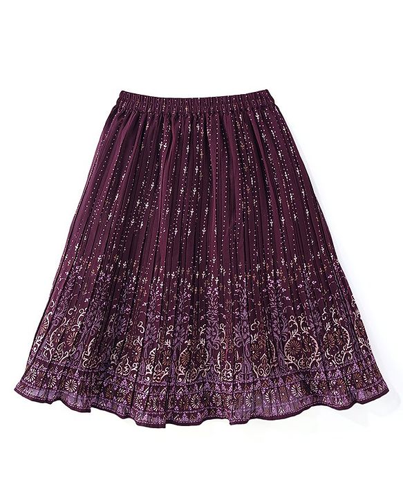 Babyhug Sleeveless Floral Embroidered Choli with Foil Printed Lehenga & Dupatta Set- Wine