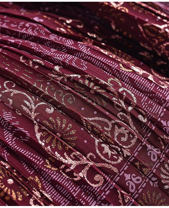 Babyhug Sleeveless Floral Embroidered Choli with Foil Printed Lehenga & Dupatta Set- Wine
