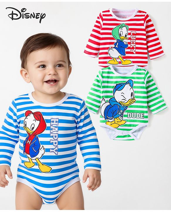 Babyhug Disney Interlock Knit Full Sleeves Striped Onesies with Donald Duck Print Pack of 3 - Red White & Blue