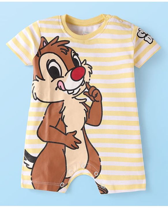 Babyhug Disney Interlock Knit Half Sleeves Rompers with Chip N Dale Graphics - Yellow & Brown
