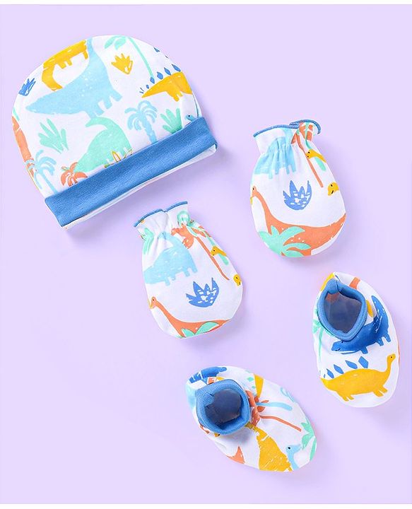 Babyhug 100% Cotton Knit Cap Mittens & Booties with Dino Print - White & Blue