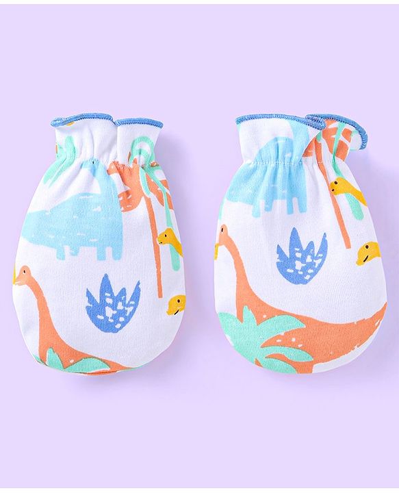 Babyhug 100% Cotton Knit Cap Mittens & Booties with Dino Print - White & Blue