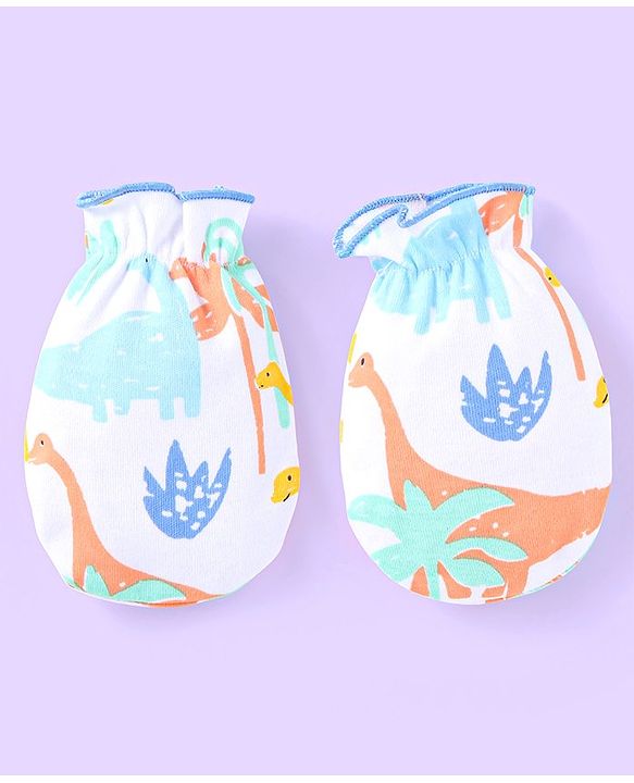 Babyhug 100% Cotton Knit Cap Mittens & Booties with Dino Print - White & Blue