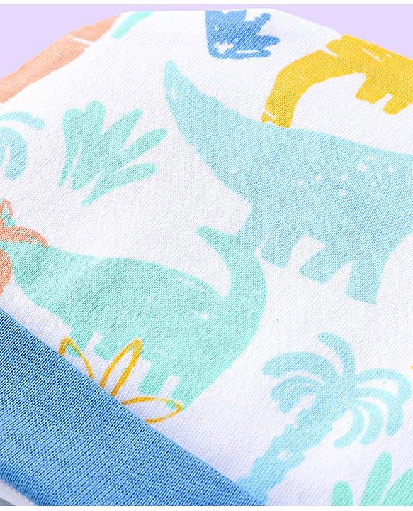 Babyhug 100% Cotton Knit Cap Mittens & Booties with Dino Print - White & Blue
