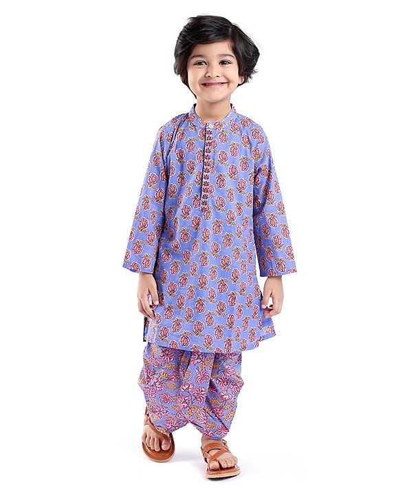 Babyhug Cambric Woven Full Sleeves Floral Printed Kurta Pyjama Set - Blue