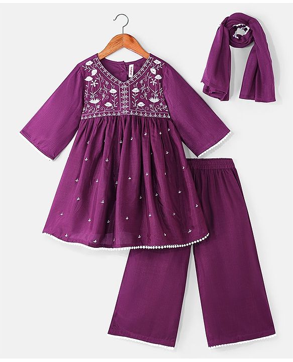 Babyhug Woven Three Fourth Sleeves Floral Embroidery at Yoke  Kurti Palazzo Set with Dupatta - Wine