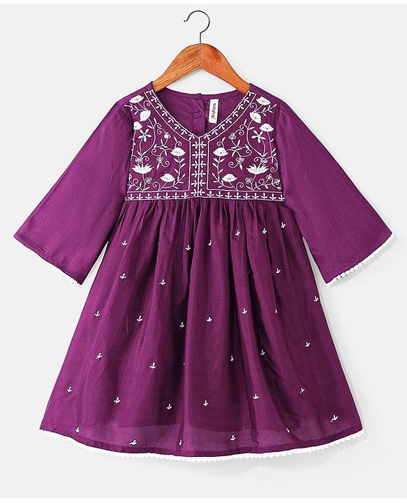 Babyhug Woven Three Fourth Sleeves Floral Embroidery at Yoke  Kurti Palazzo Set with Dupatta - Wine